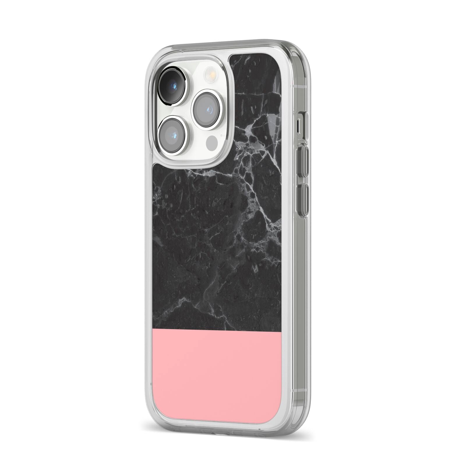 Marble Black Pink iPhone 14 Pro Clear Tough Case Silver Angled Image