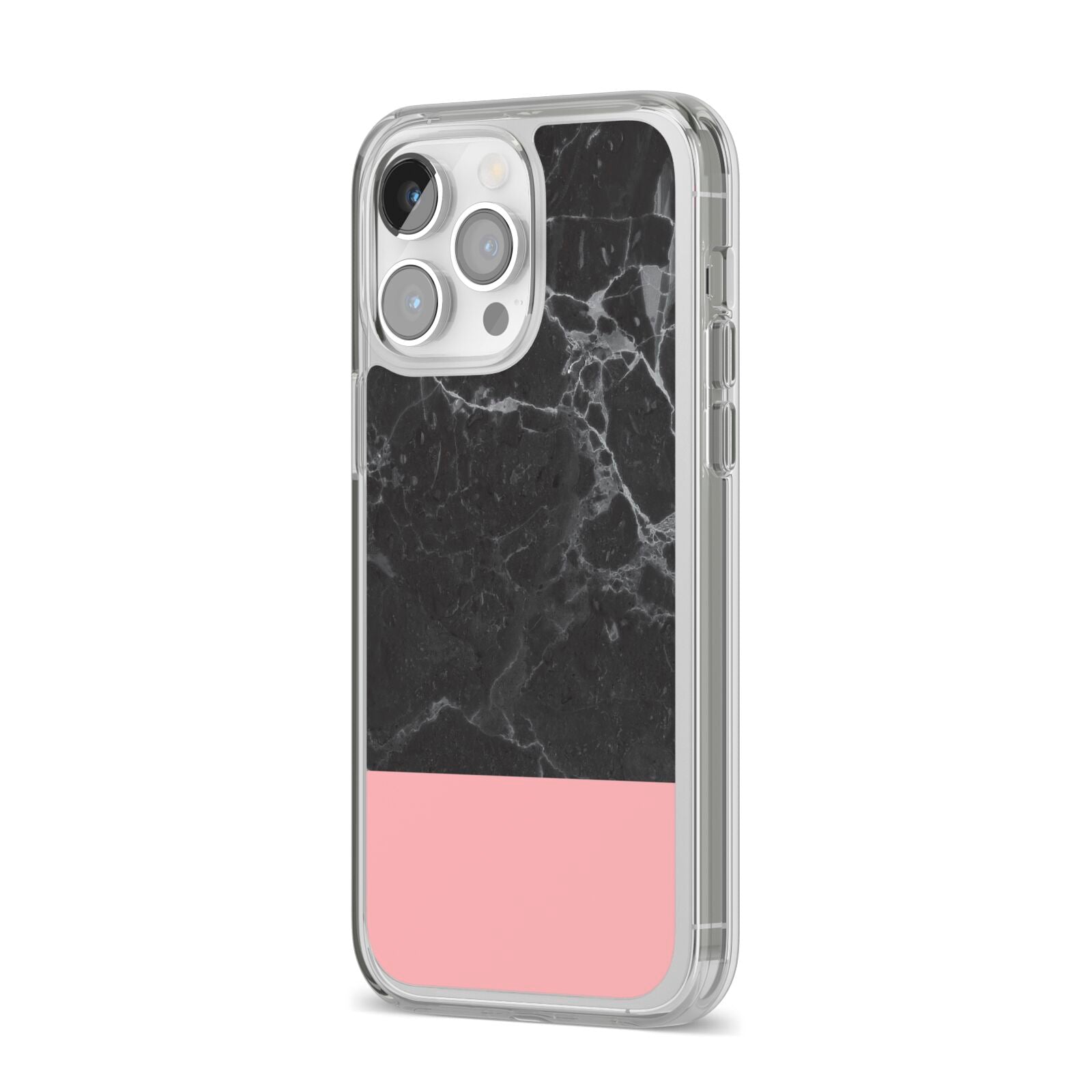 Marble Black Pink iPhone 14 Pro Max Clear Tough Case Silver Angled Image
