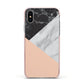 Marble Black White Grey Peach Apple iPhone Xs Impact Case Pink Edge on Silver Phone