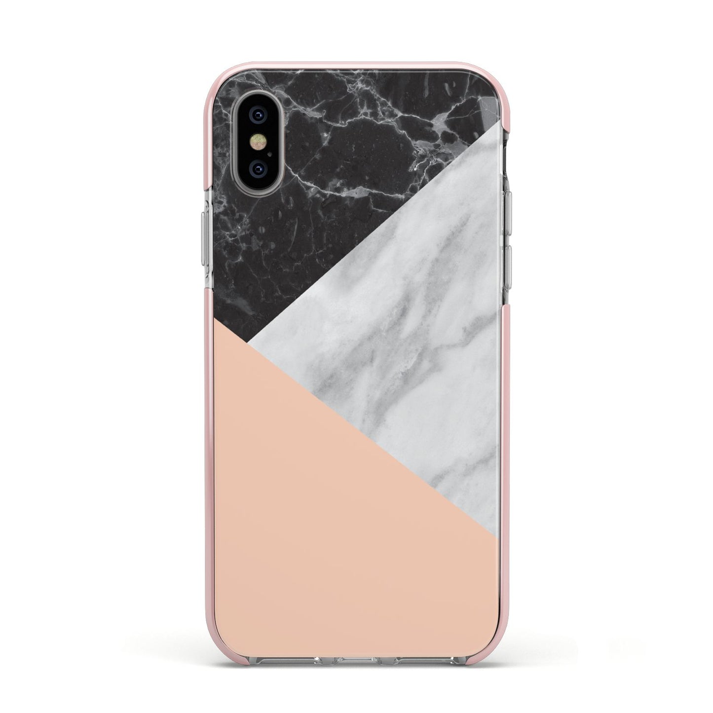 Marble Black White Grey Peach Apple iPhone Xs Impact Case Pink Edge on Silver Phone
