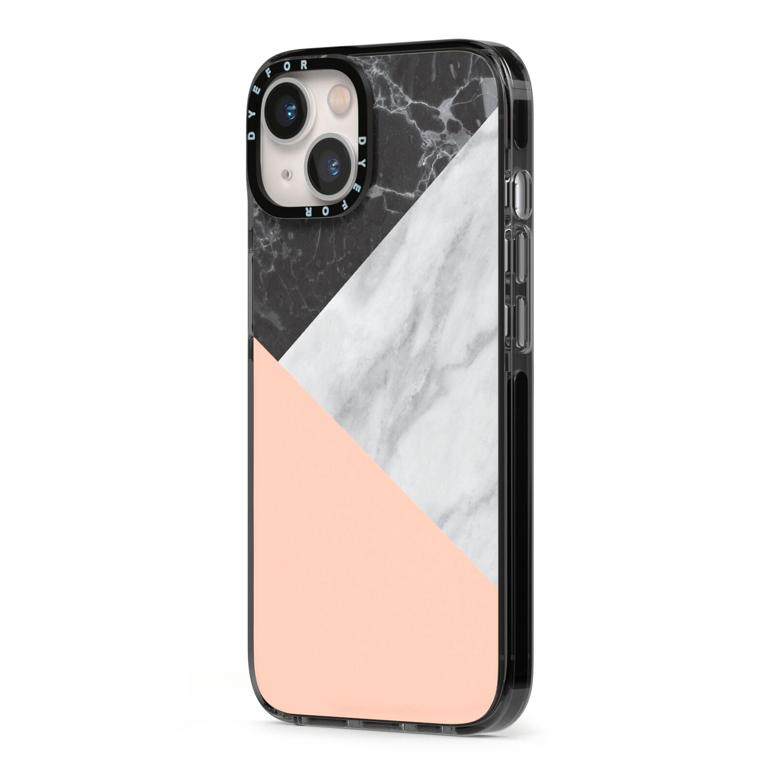 Marble Black White Grey Peach iPhone 13 Black Impact Case Side Angle on Silver phone