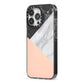 Marble Black White Grey Peach iPhone 13 Pro Black Impact Case Side Angle on Silver phone