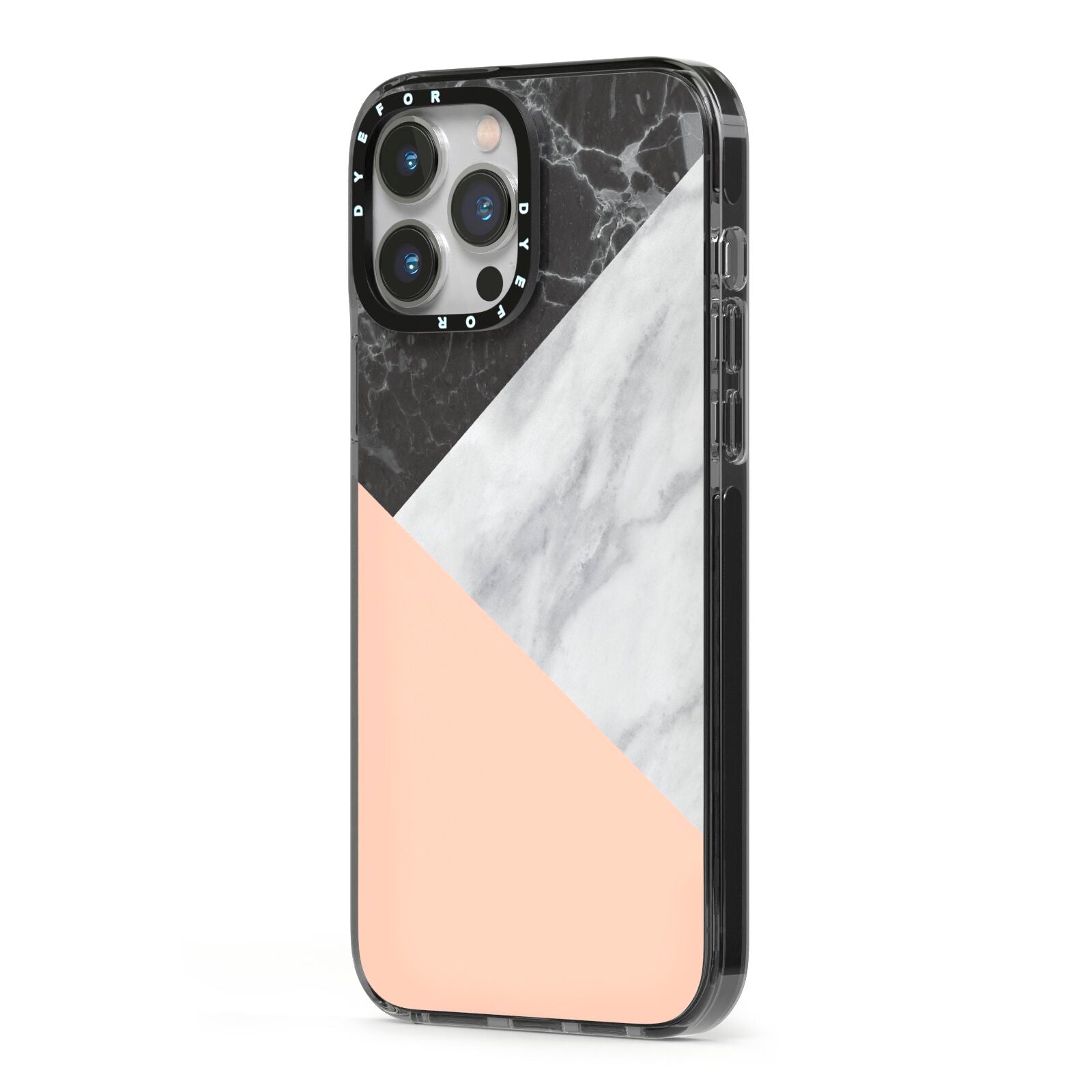 Marble Black White Grey Peach iPhone 13 Pro Max Black Impact Case Side Angle on Silver phone