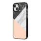 Marble Black White Grey Peach iPhone 14 Plus Black Impact Case Side Angle on Silver phone