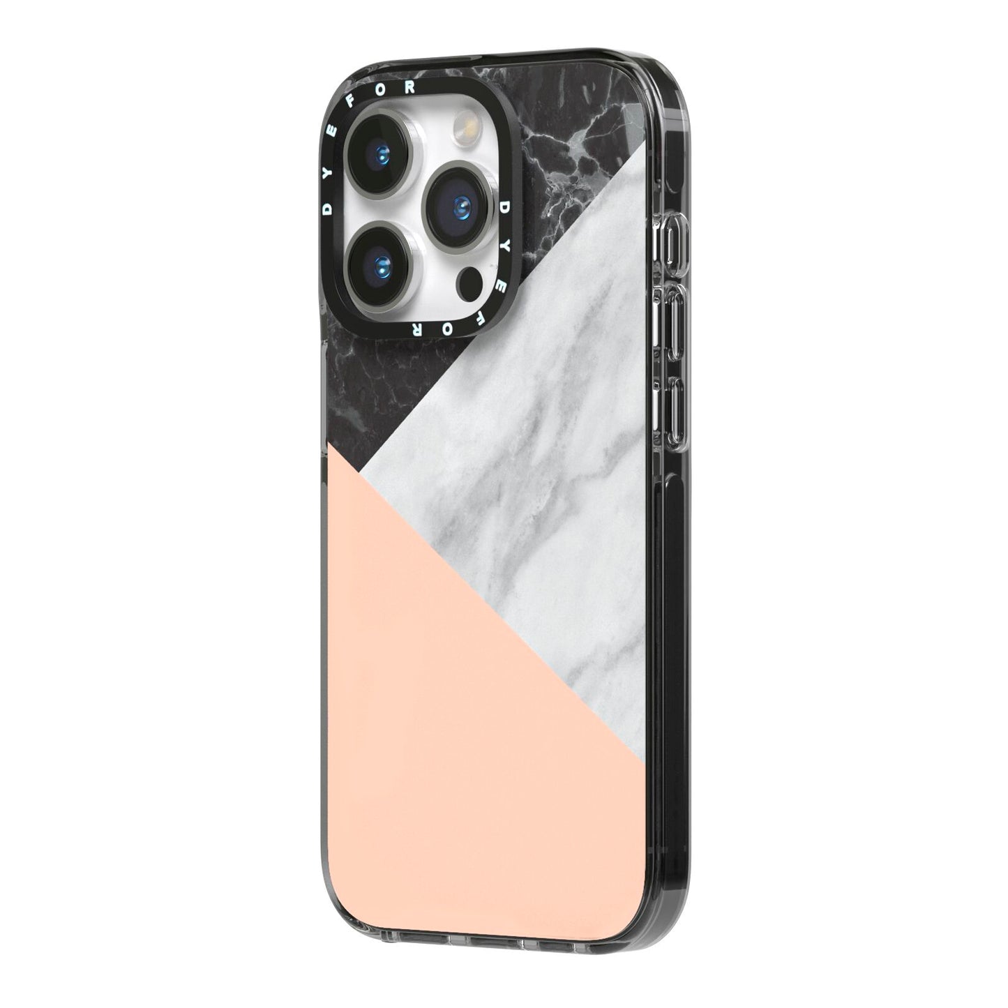Marble Black White Grey Peach iPhone 14 Pro Black Impact Case Side Angle on Silver phone