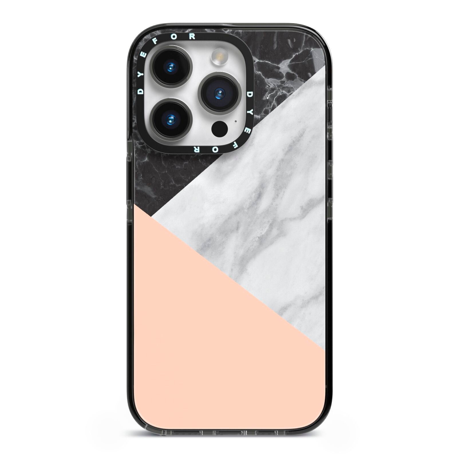 Marble Black White Grey Peach iPhone 14 Pro Black Impact Case on Silver phone