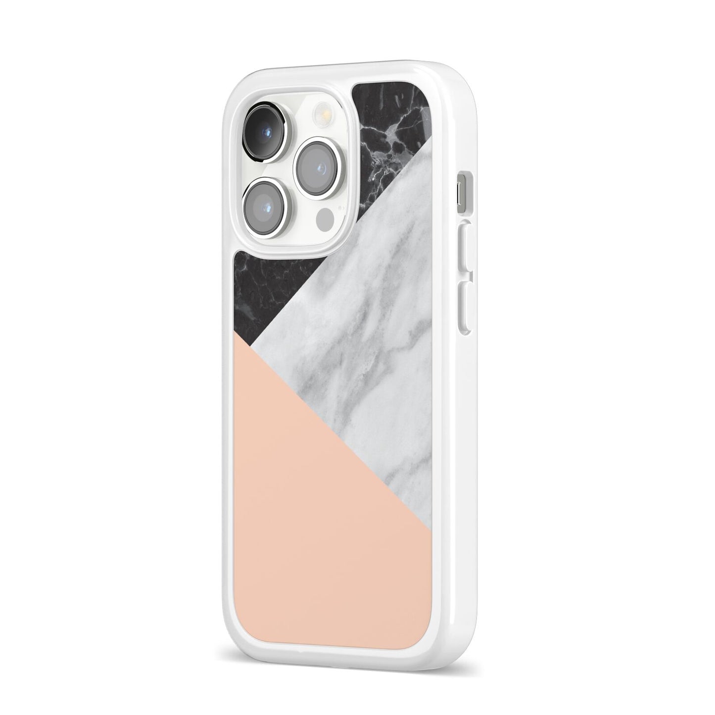 Marble Black White Grey Peach iPhone 14 Pro Clear Tough Case Silver Angled Image