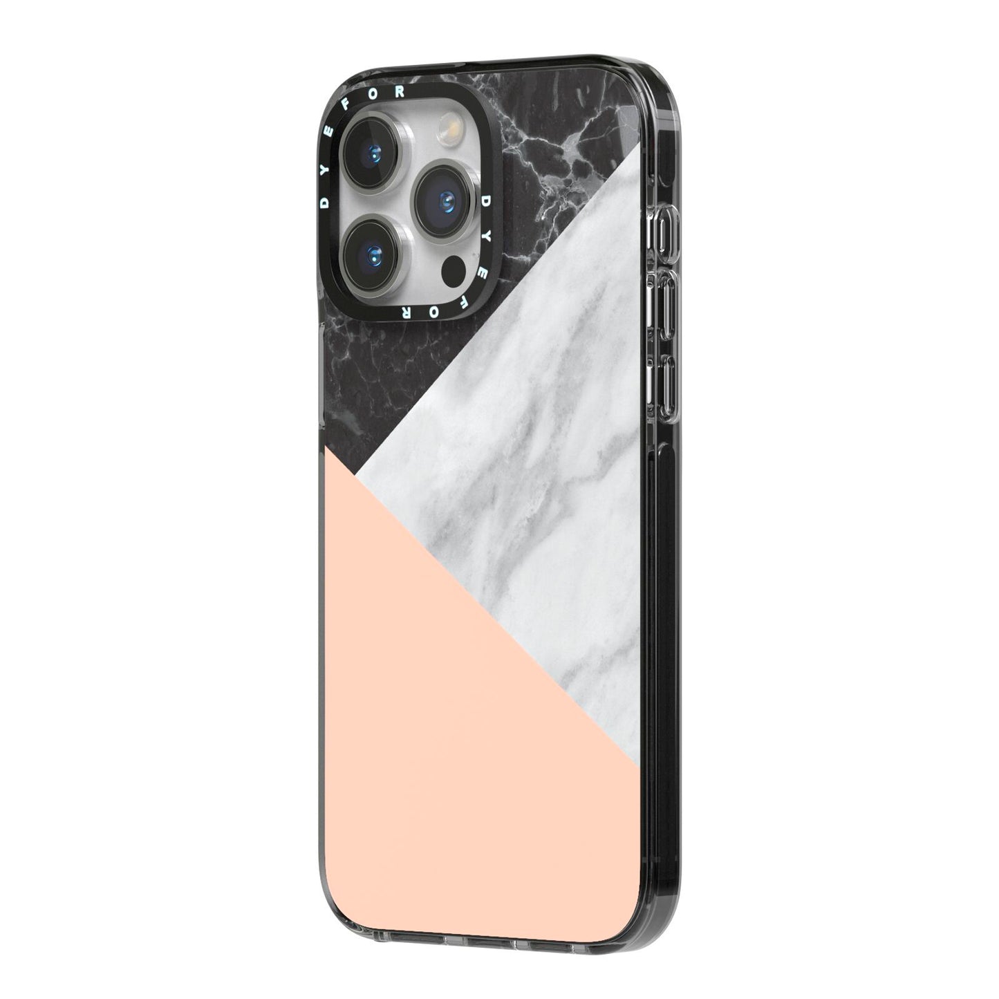 Marble Black White Grey Peach iPhone 14 Pro Max Black Impact Case Side Angle on Silver phone