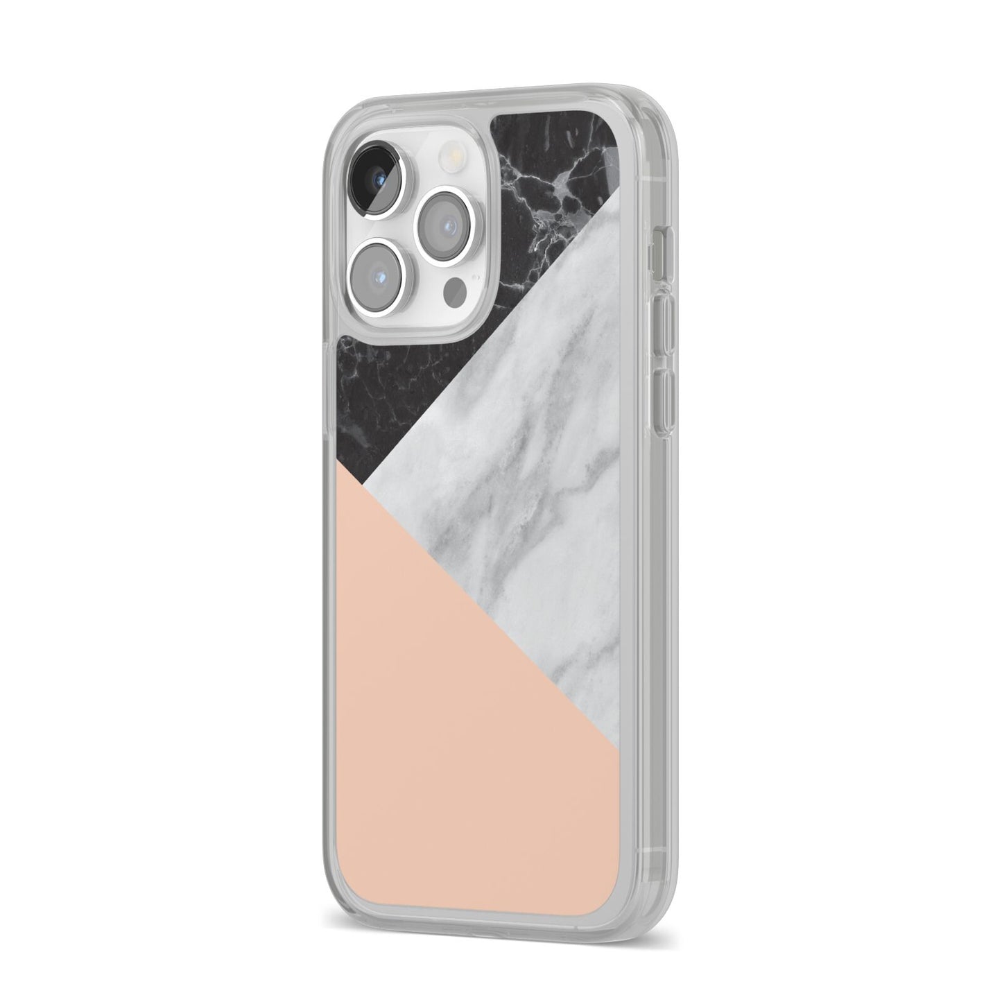 Marble Black White Grey Peach iPhone 14 Pro Max Clear Tough Case Silver Angled Image