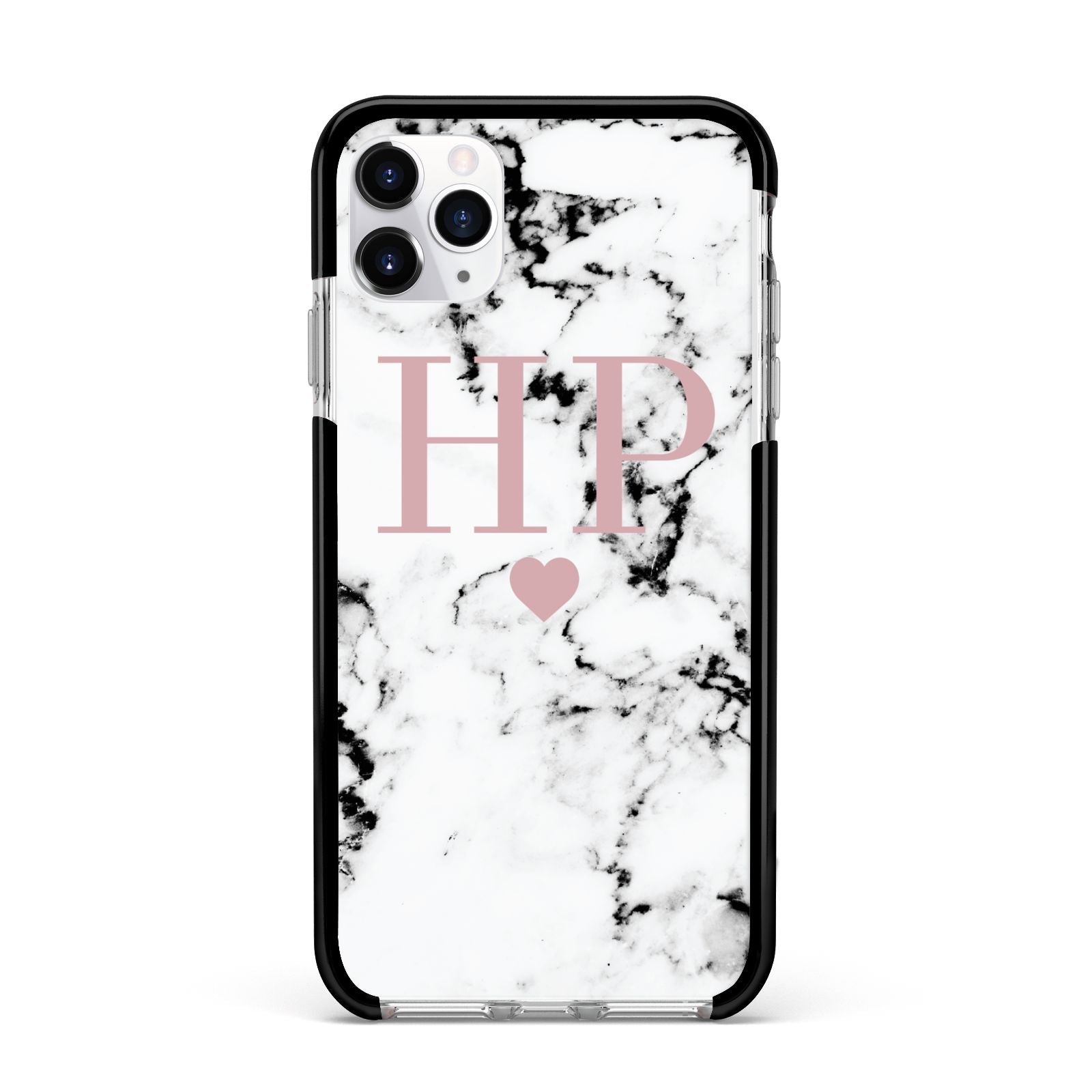 Marble Blush Pink Heart Personalised Apple iPhone 11 Pro Max in Silver with Black Impact Case