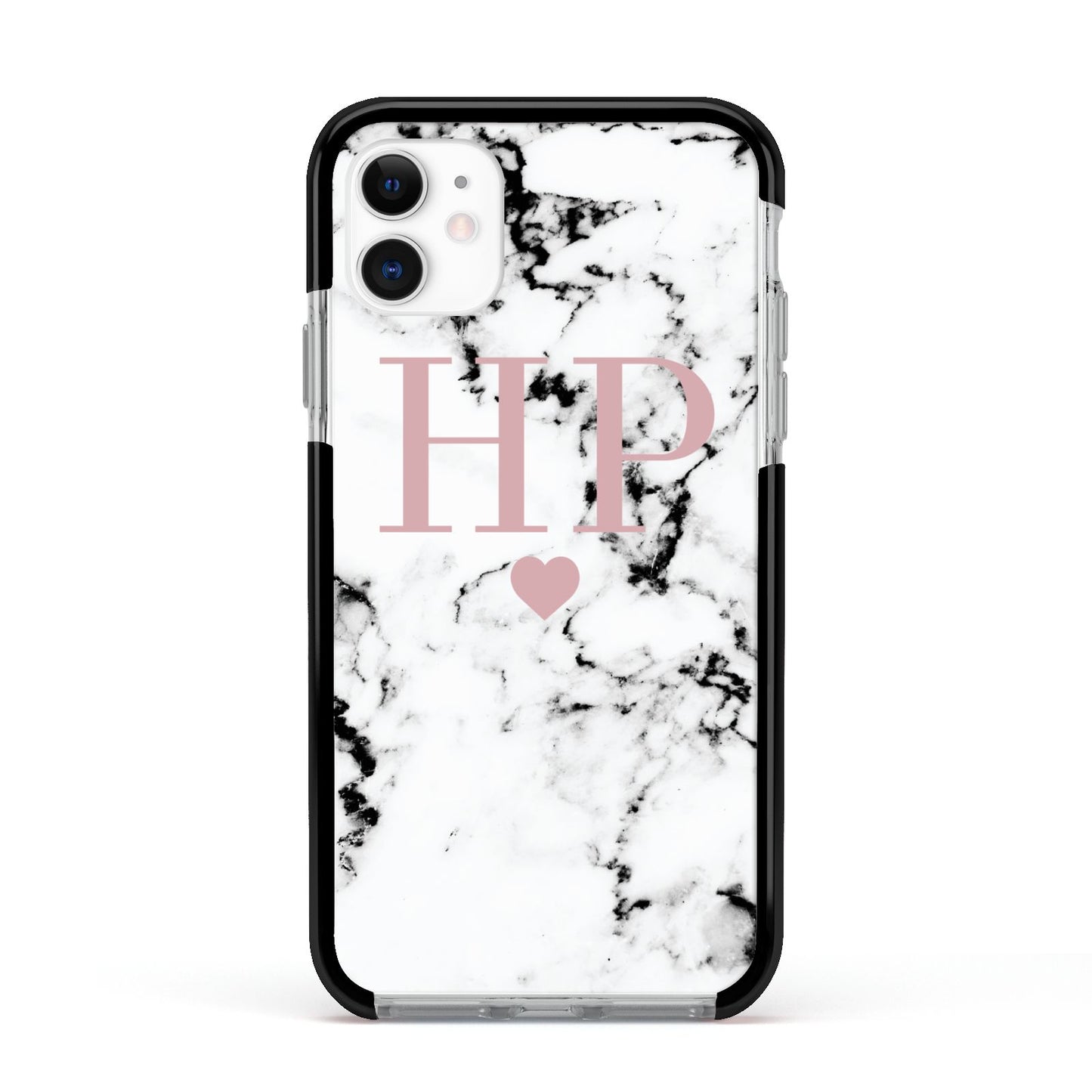 Marble Blush Pink Heart Personalised Apple iPhone 11 in White with Black Impact Case