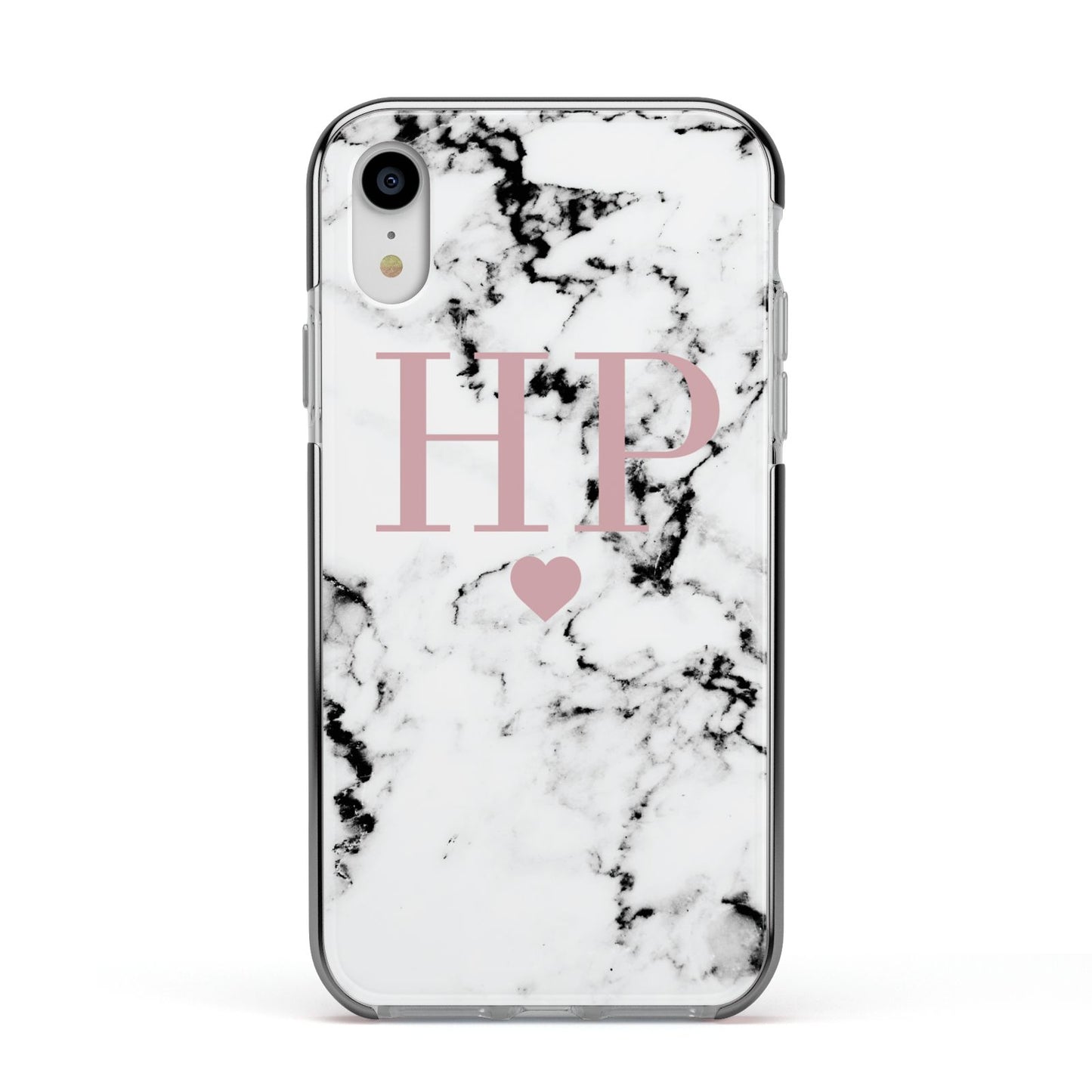 Marble Blush Pink Heart Personalised Apple iPhone XR Impact Case Black Edge on Silver Phone