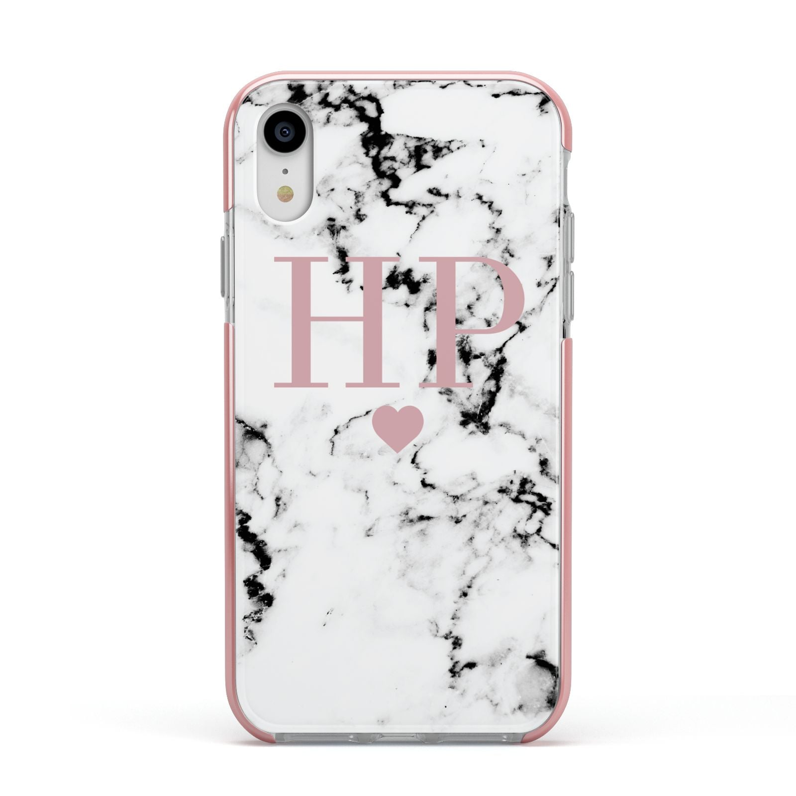 Marble Blush Pink Heart Personalised Apple iPhone XR Impact Case Pink Edge on Silver Phone