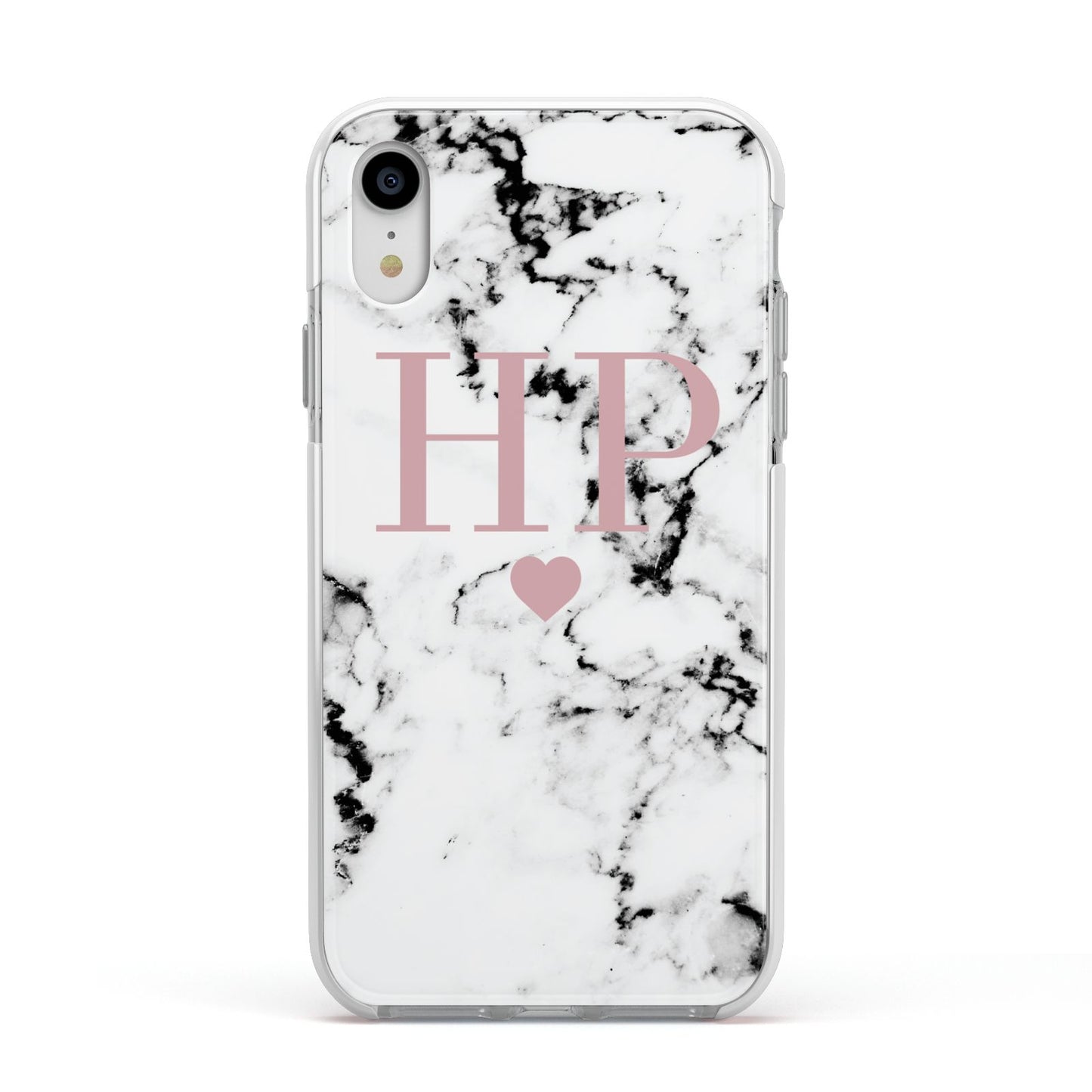 Marble Blush Pink Heart Personalised Apple iPhone XR Impact Case White Edge on Silver Phone