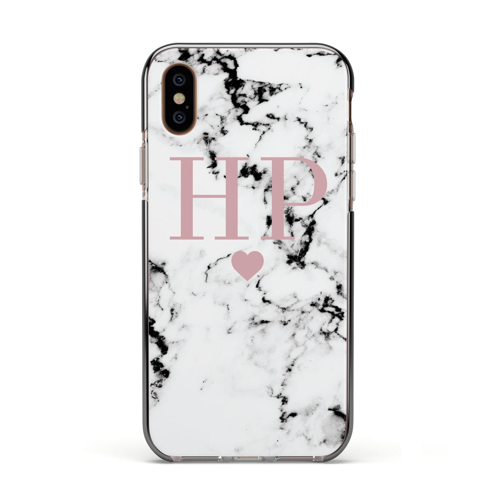 Marble Blush Pink Heart Personalised Apple iPhone Xs Impact Case Black Edge on Gold Phone