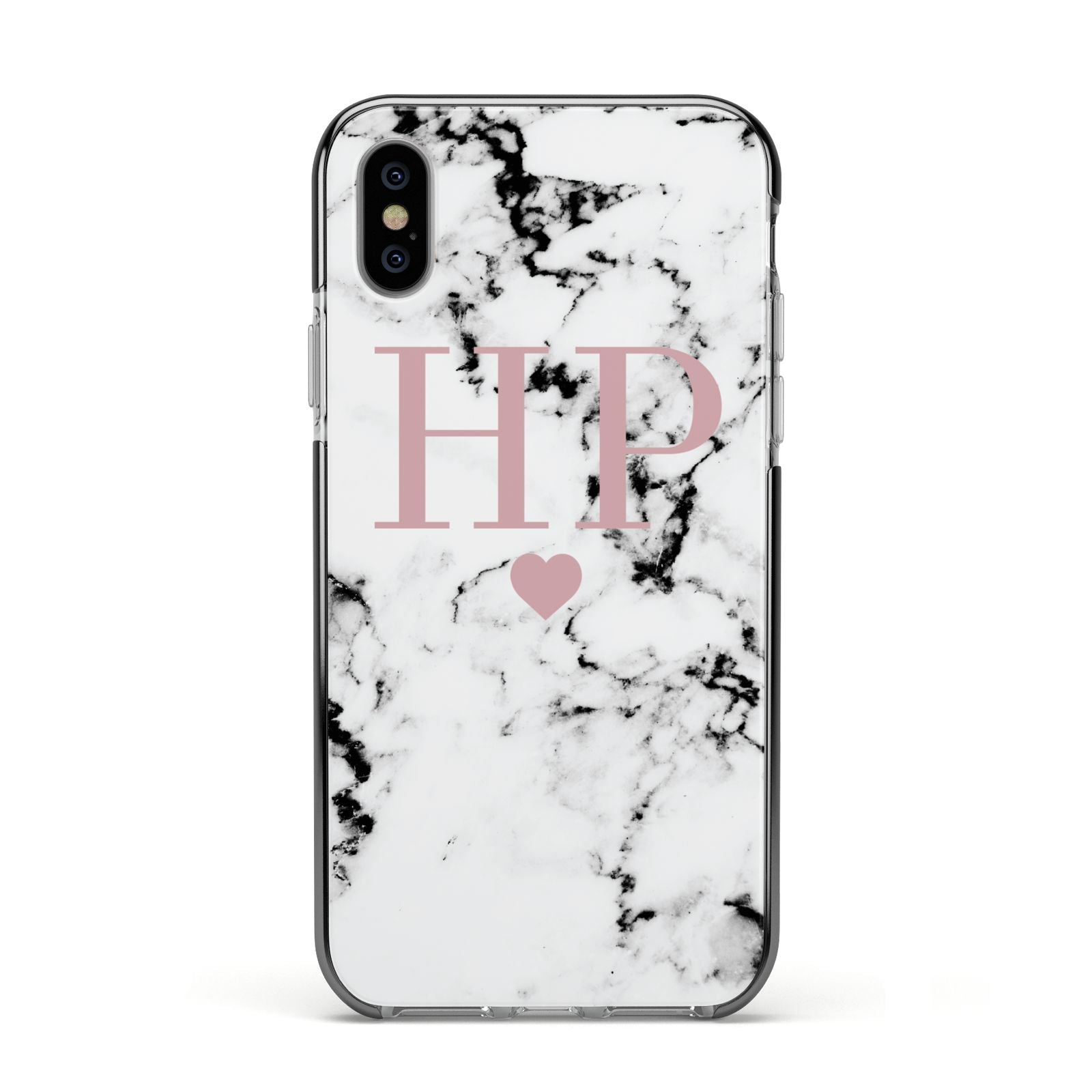 Marble Blush Pink Heart Personalised Apple iPhone Xs Impact Case Black Edge on Silver Phone