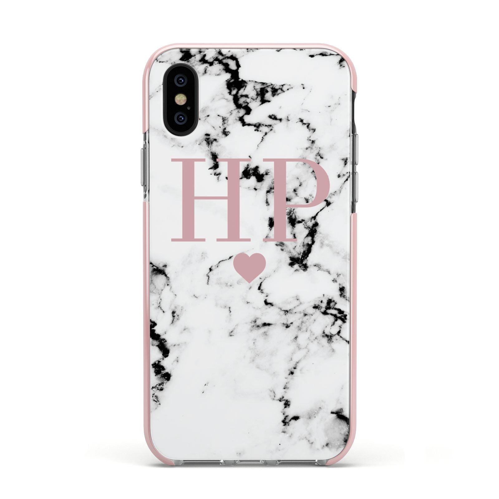Marble Blush Pink Heart Personalised Apple iPhone Xs Impact Case Pink Edge on Black Phone