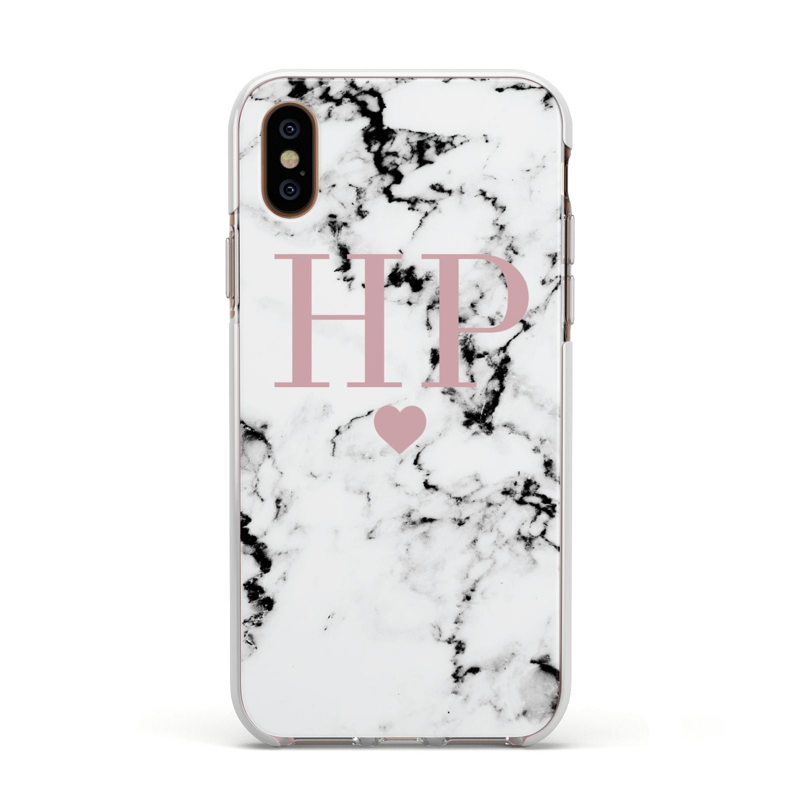 Marble Blush Pink Heart Personalised Apple iPhone Xs Impact Case White Edge on Gold Phone