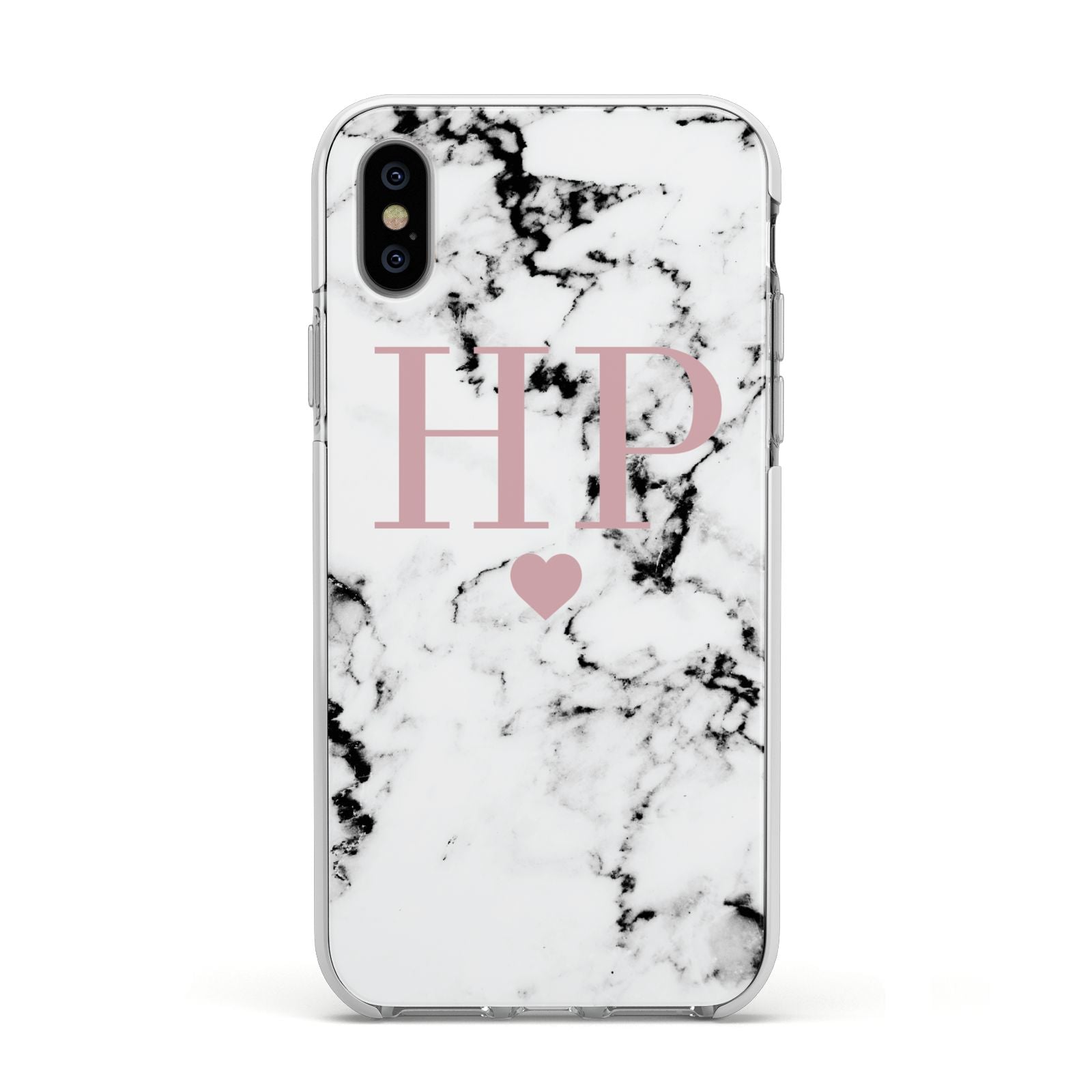 Marble Blush Pink Heart Personalised Apple iPhone Xs Impact Case White Edge on Silver Phone