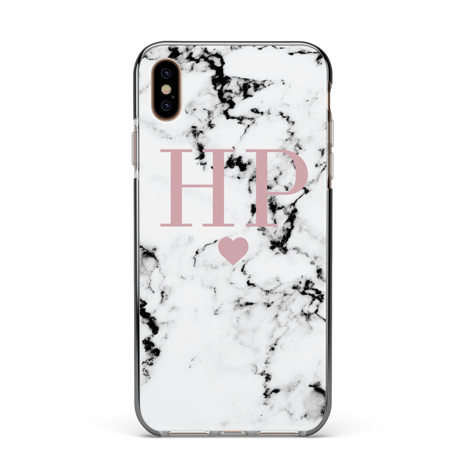 Marble Blush Pink Heart Personalised Apple iPhone Xs Max Impact Case Black Edge on Gold Phone