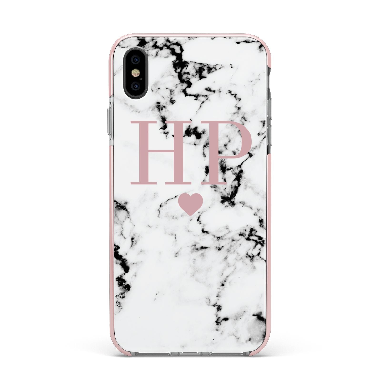 Marble Blush Pink Heart Personalised Apple iPhone Xs Max Impact Case Pink Edge on Black Phone