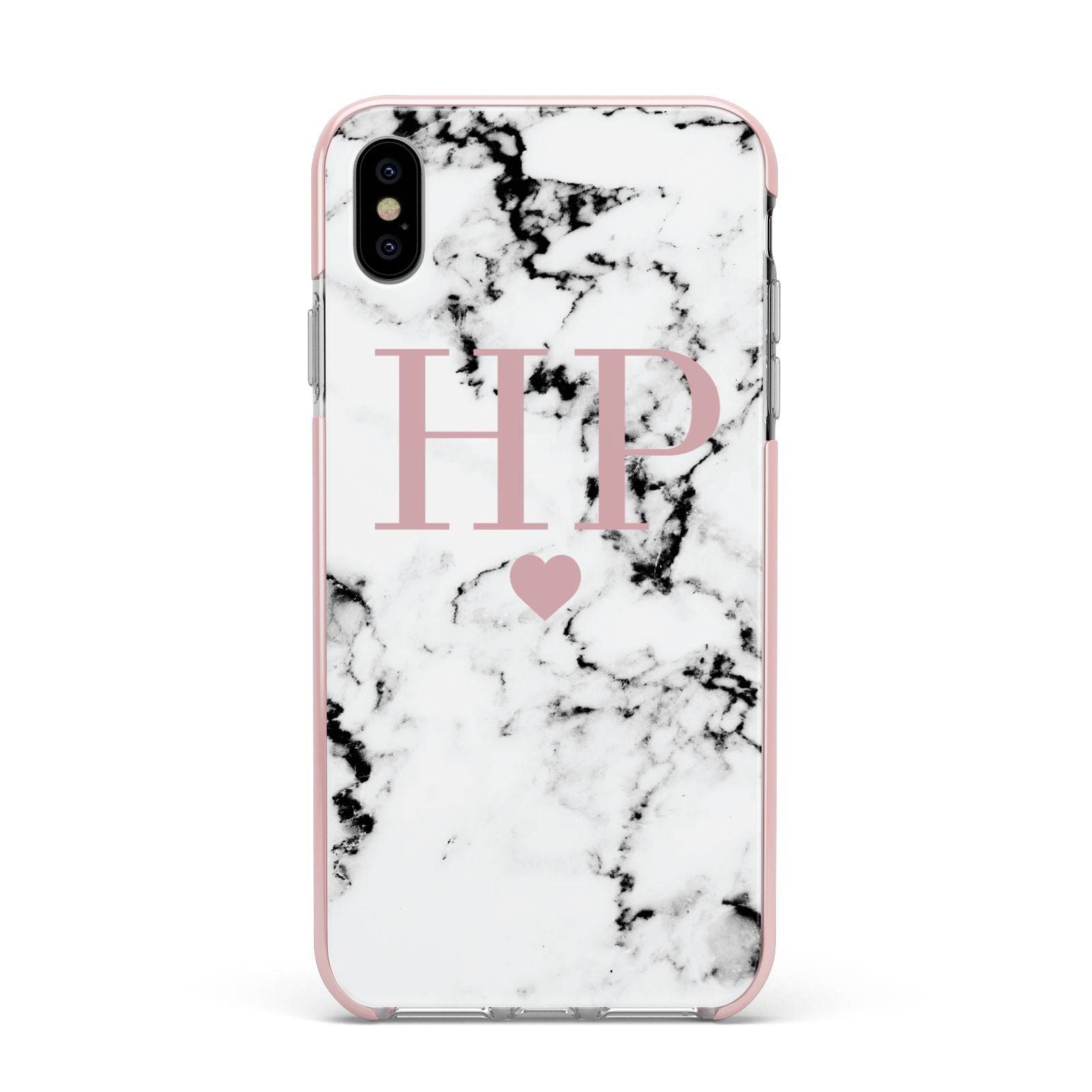 Marble Blush Pink Heart Personalised Apple iPhone Xs Max Impact Case Pink Edge on Silver Phone