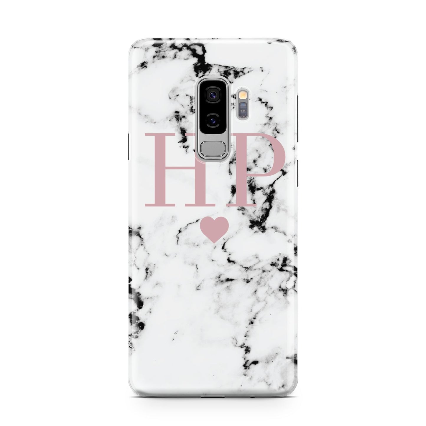 Marble Blush Pink Heart Personalised Samsung Galaxy S9 Plus Case on Silver phone