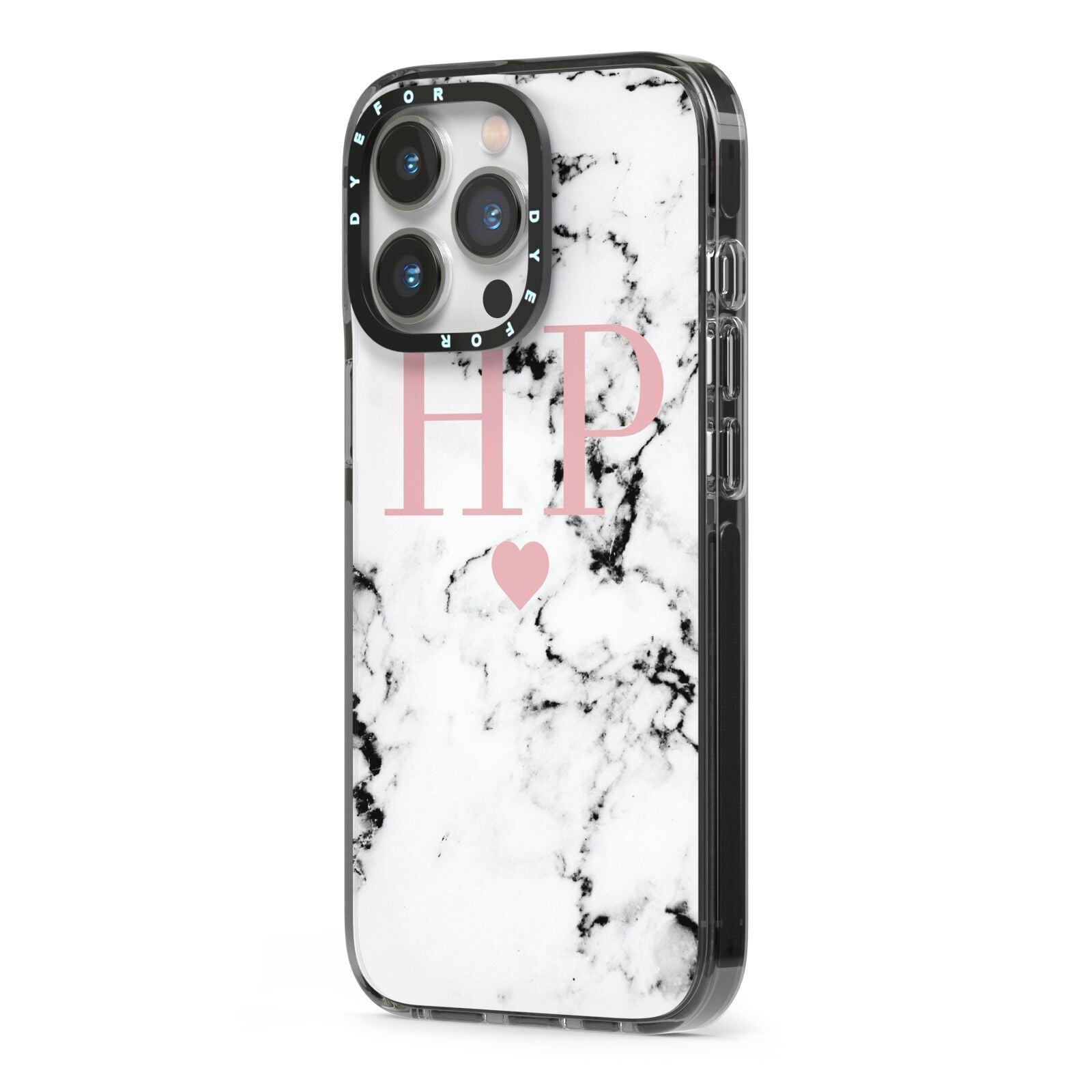 Marble Blush Pink Heart Personalised iPhone 13 Pro Black Impact Case Side Angle on Silver phone