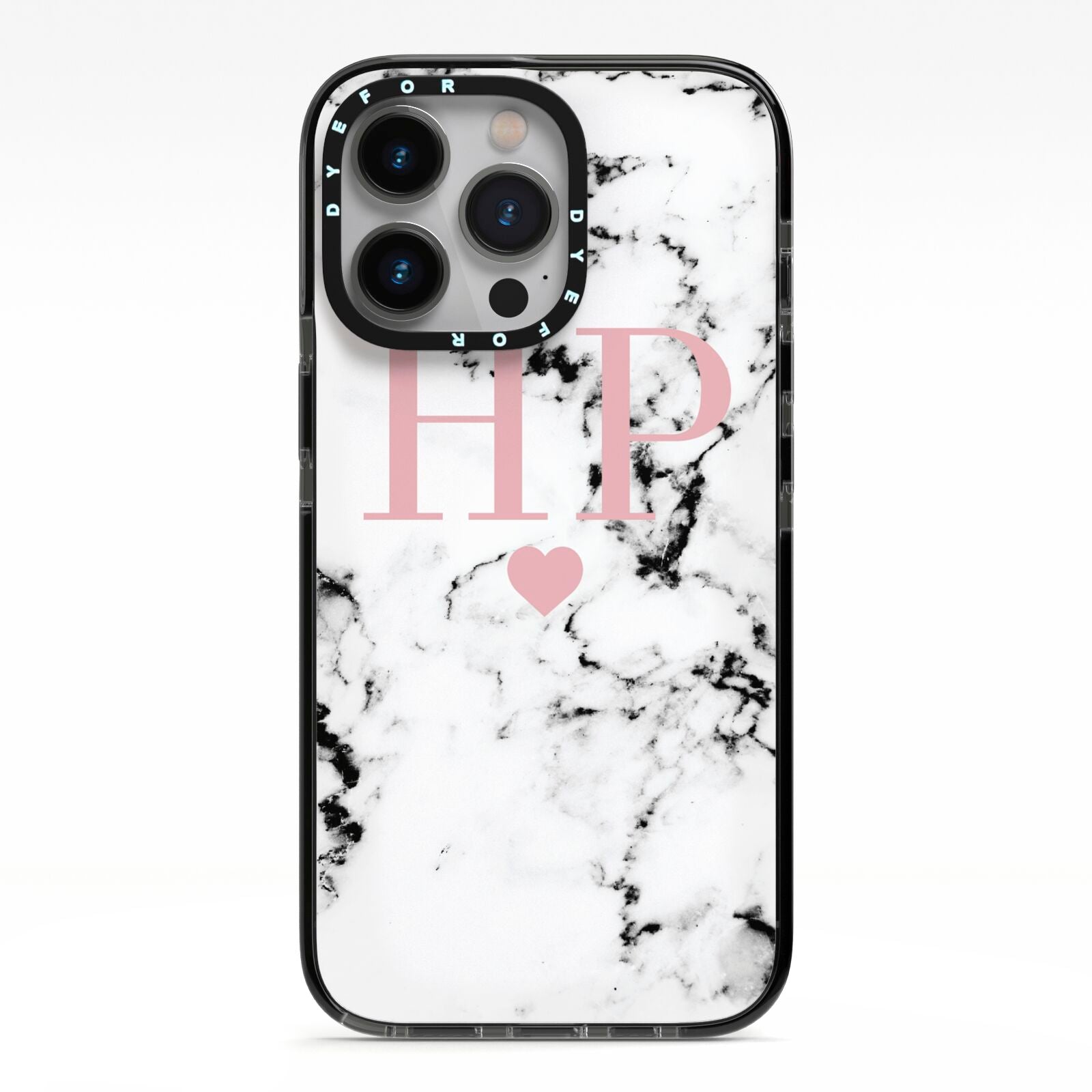 Marble Blush Pink Heart Personalised iPhone 13 Pro Black Impact Case on Silver phone
