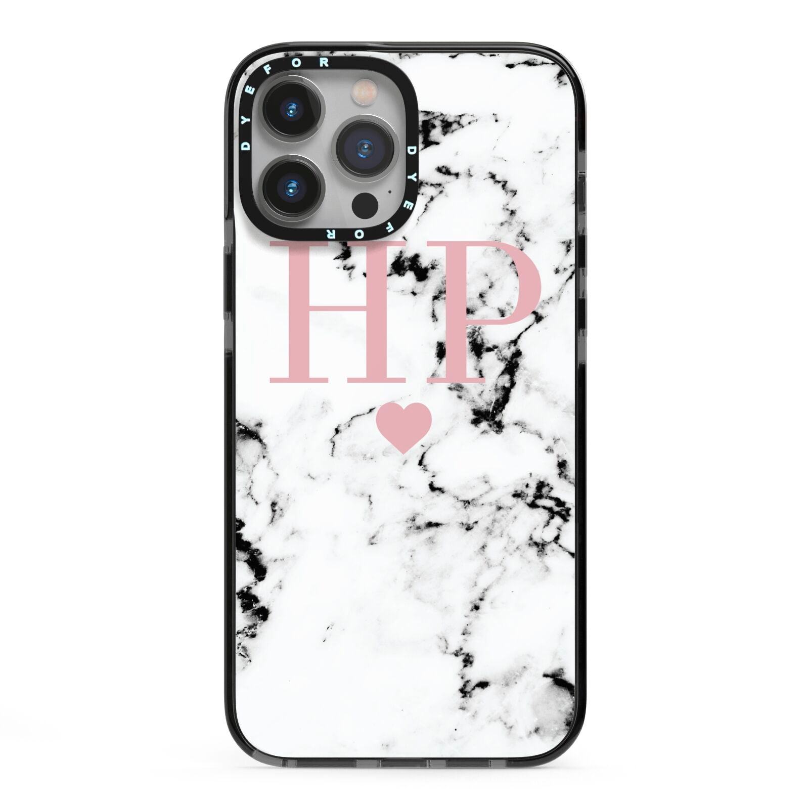 Marble Blush Pink Heart Personalised iPhone 13 Pro Max Black Impact Case on Silver phone