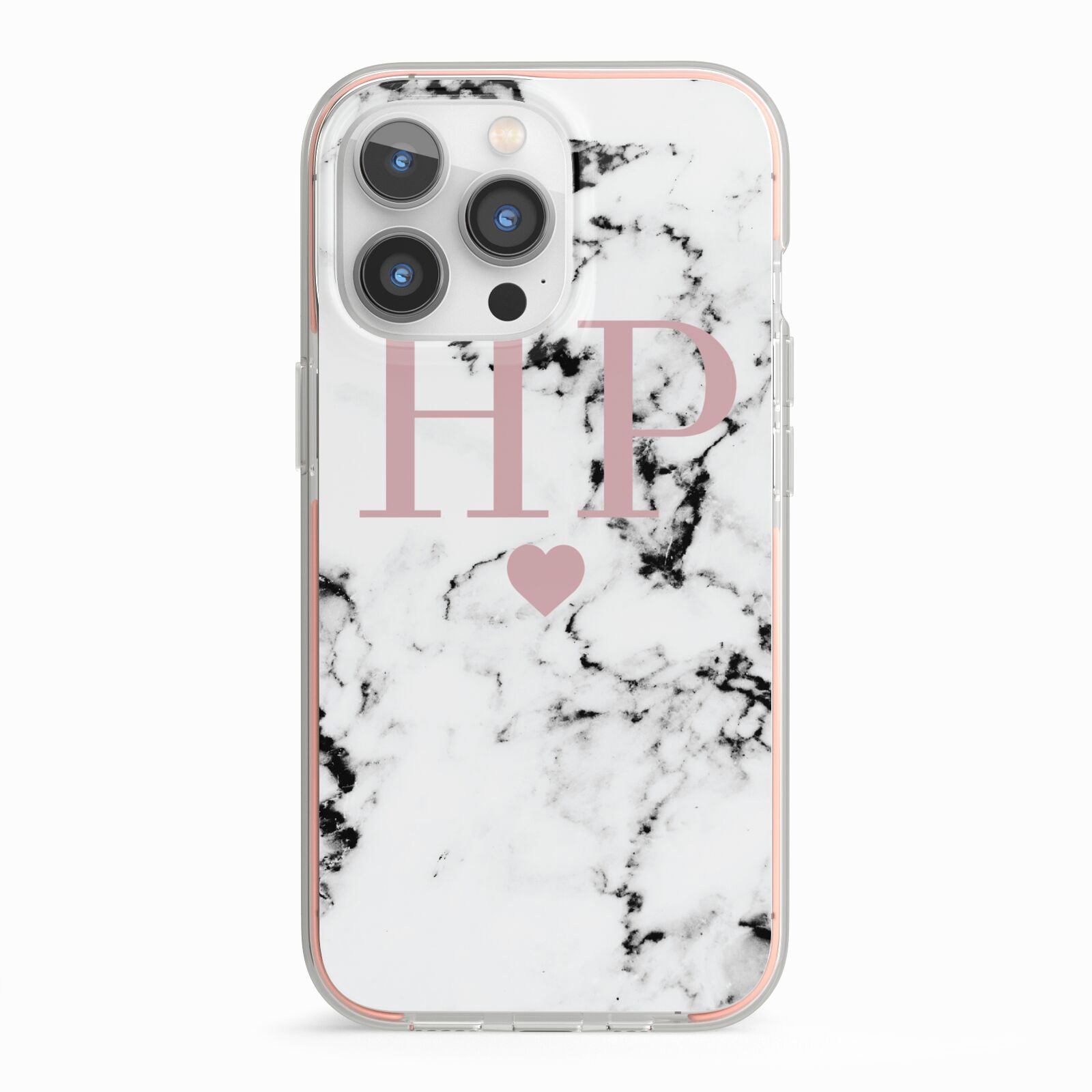 Marble Blush Pink Heart Personalised iPhone 13 Pro TPU Impact Case with Pink Edges