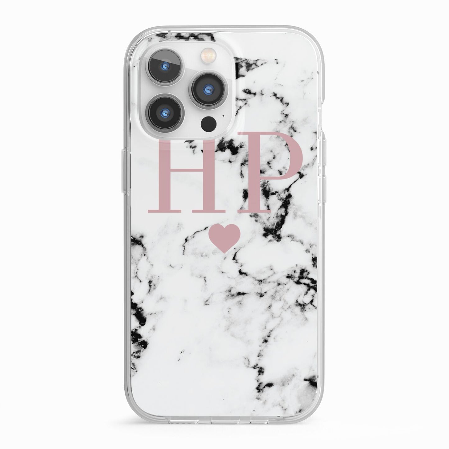 Marble Blush Pink Heart Personalised iPhone 13 Pro TPU Impact Case with White Edges