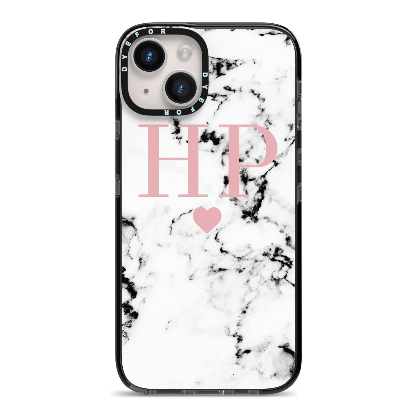 Marble Blush Pink Heart Personalised iPhone 14 Black Impact Case on Silver phone