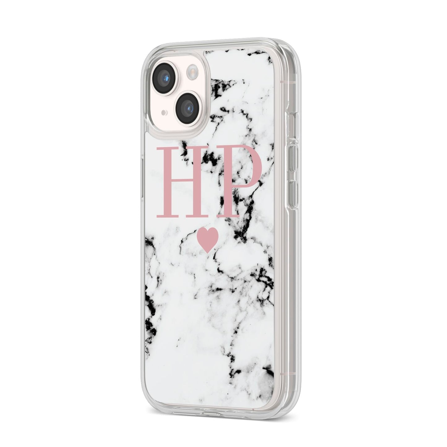 Marble Blush Pink Heart Personalised iPhone 14 Clear Tough Case Starlight Angled Image