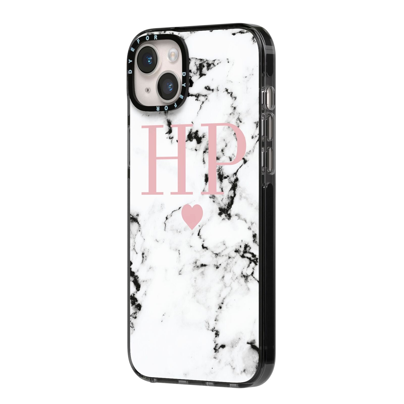 Marble Blush Pink Heart Personalised iPhone 14 Plus Black Impact Case Side Angle on Silver phone