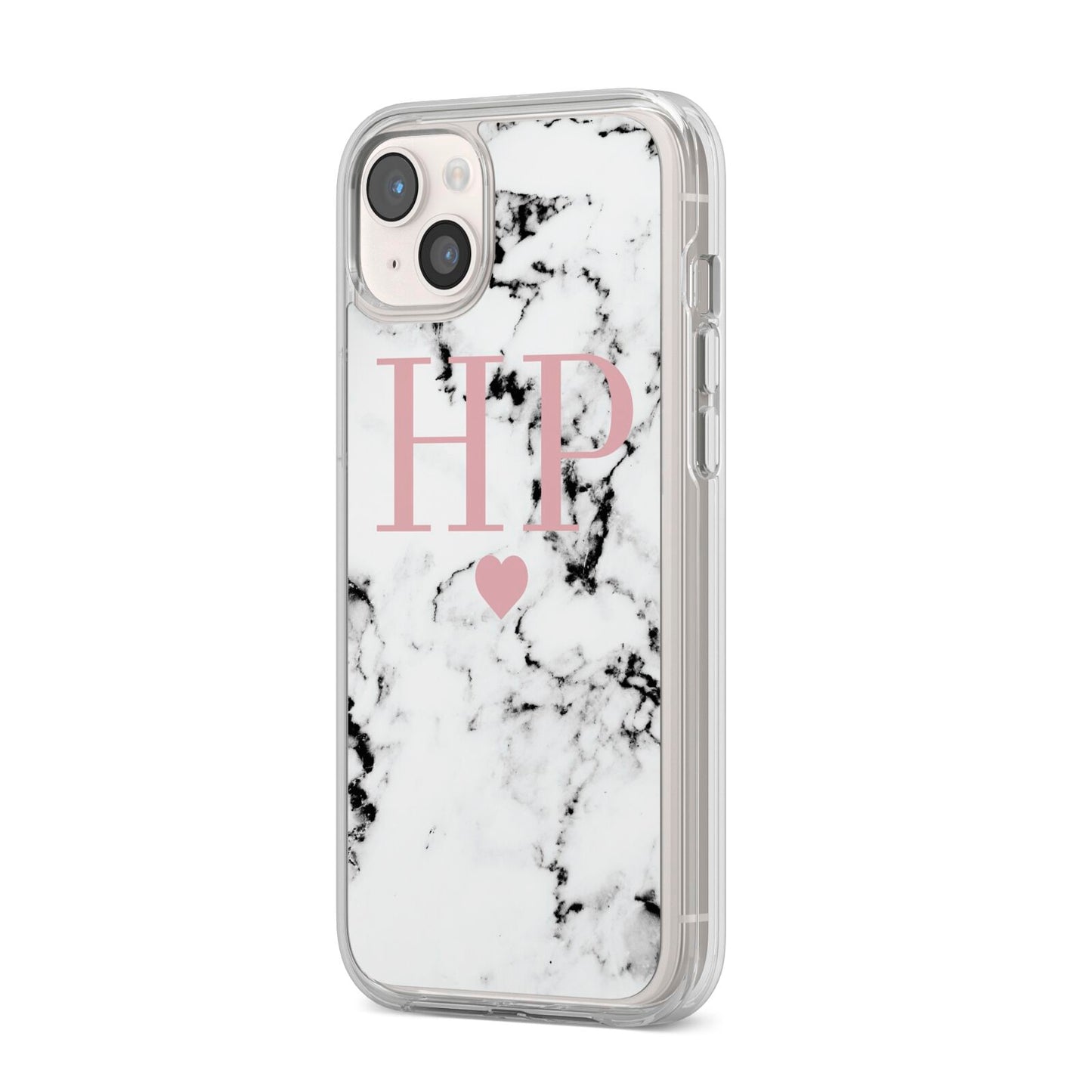 Marble Blush Pink Heart Personalised iPhone 14 Plus Clear Tough Case Starlight Angled Image