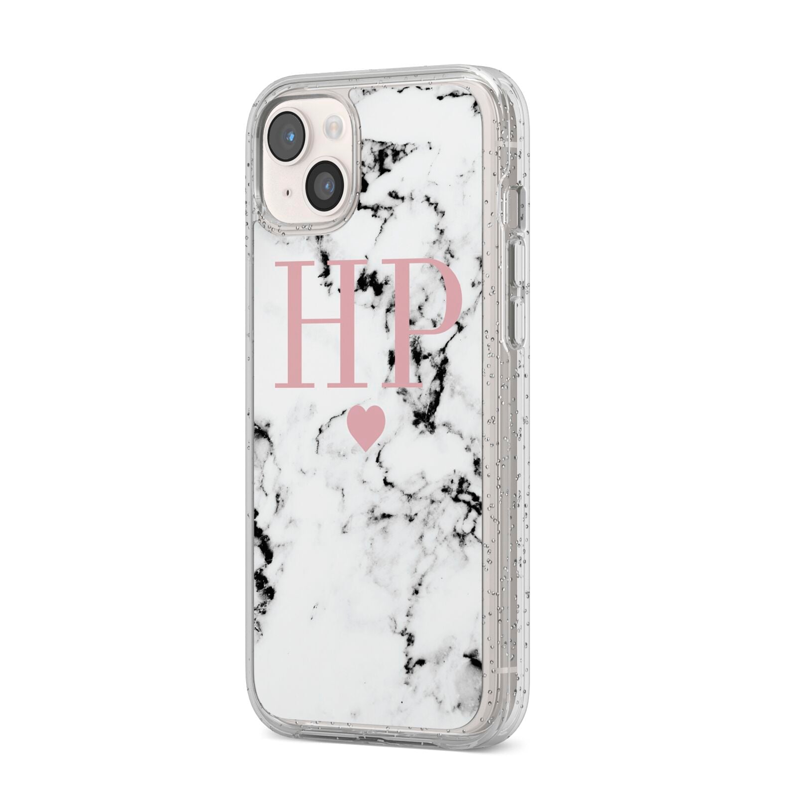 Marble Blush Pink Heart Personalised iPhone 14 Plus Glitter Tough Case Starlight Angled Image