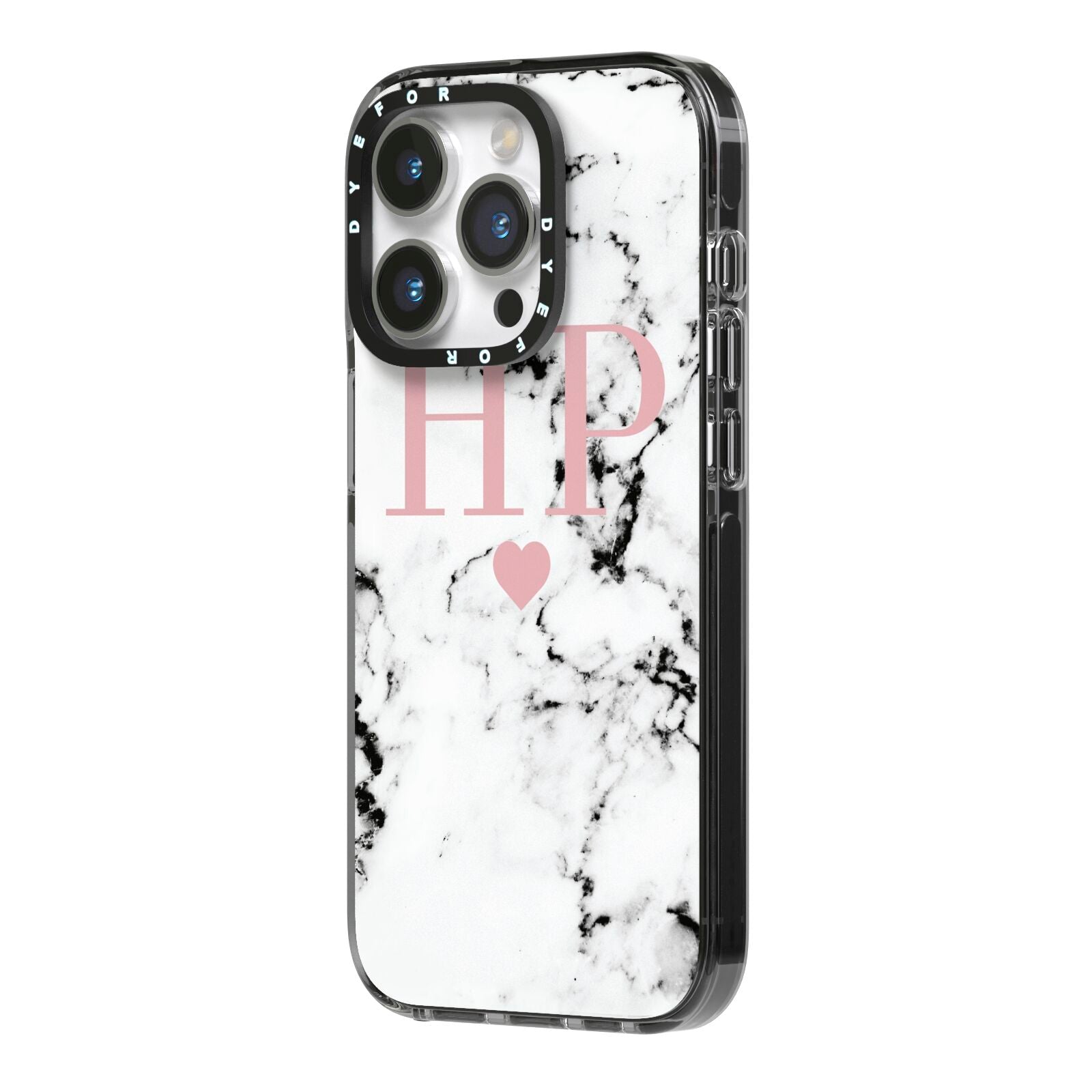 Marble Blush Pink Heart Personalised iPhone 14 Pro Black Impact Case Side Angle on Silver phone