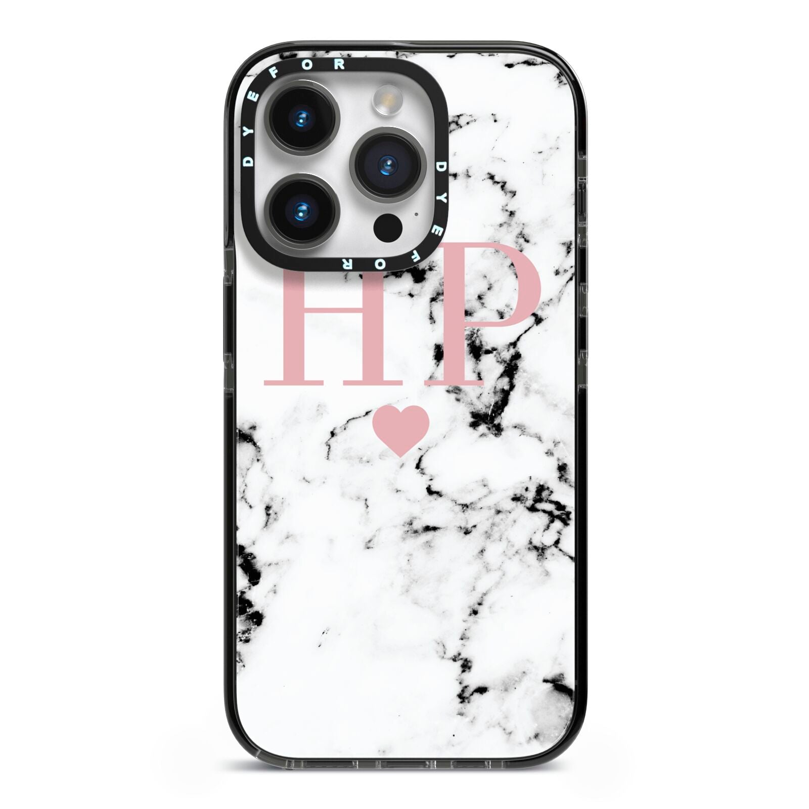 Marble Blush Pink Heart Personalised iPhone 14 Pro Black Impact Case on Silver phone