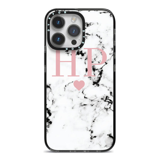 Marble Blush Pink Heart Personalised iPhone 14 Pro Max Black Impact Case on Silver phone