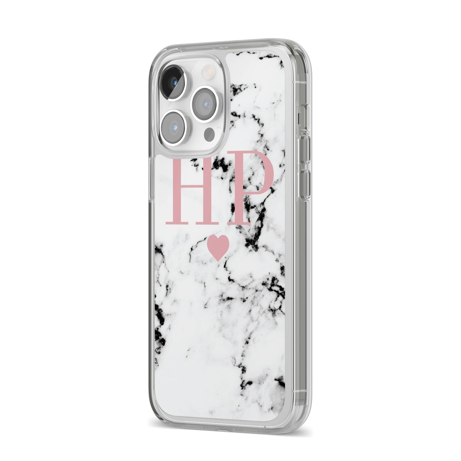 Marble Blush Pink Heart Personalised iPhone 14 Pro Max Clear Tough Case Silver Angled Image