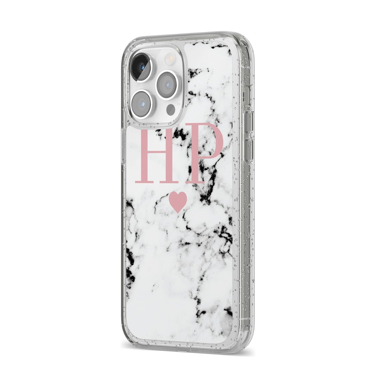 Marble Blush Pink Heart Personalised iPhone 14 Pro Max Glitter Tough Case Silver Angled Image