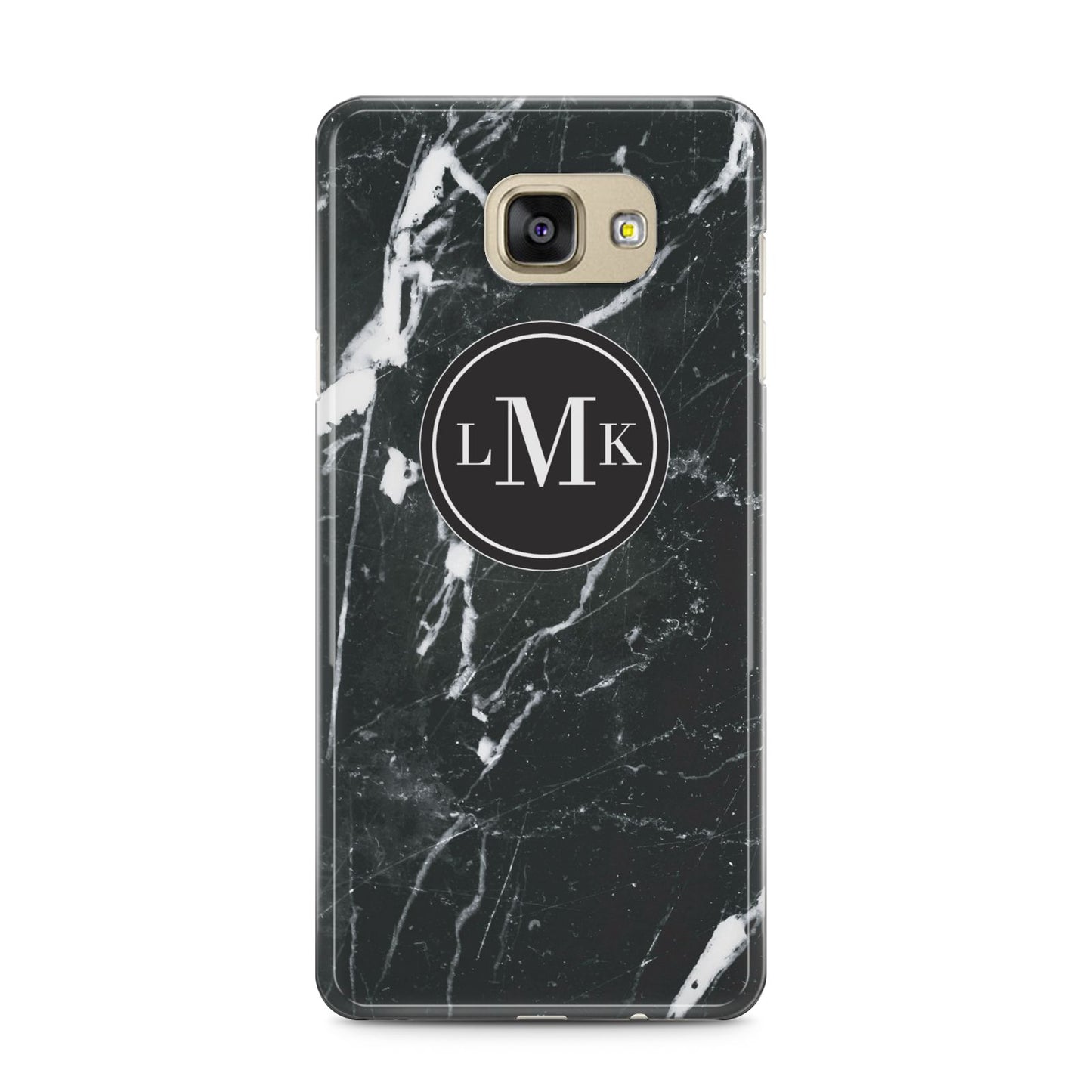 Marble Custom Initials Circle Samsung Galaxy A5 2016 Case on gold phone