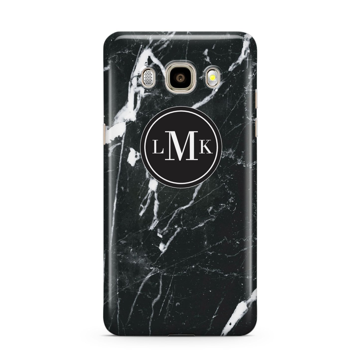 Marble Custom Initials Circle Samsung Galaxy J7 2016 Case on gold phone