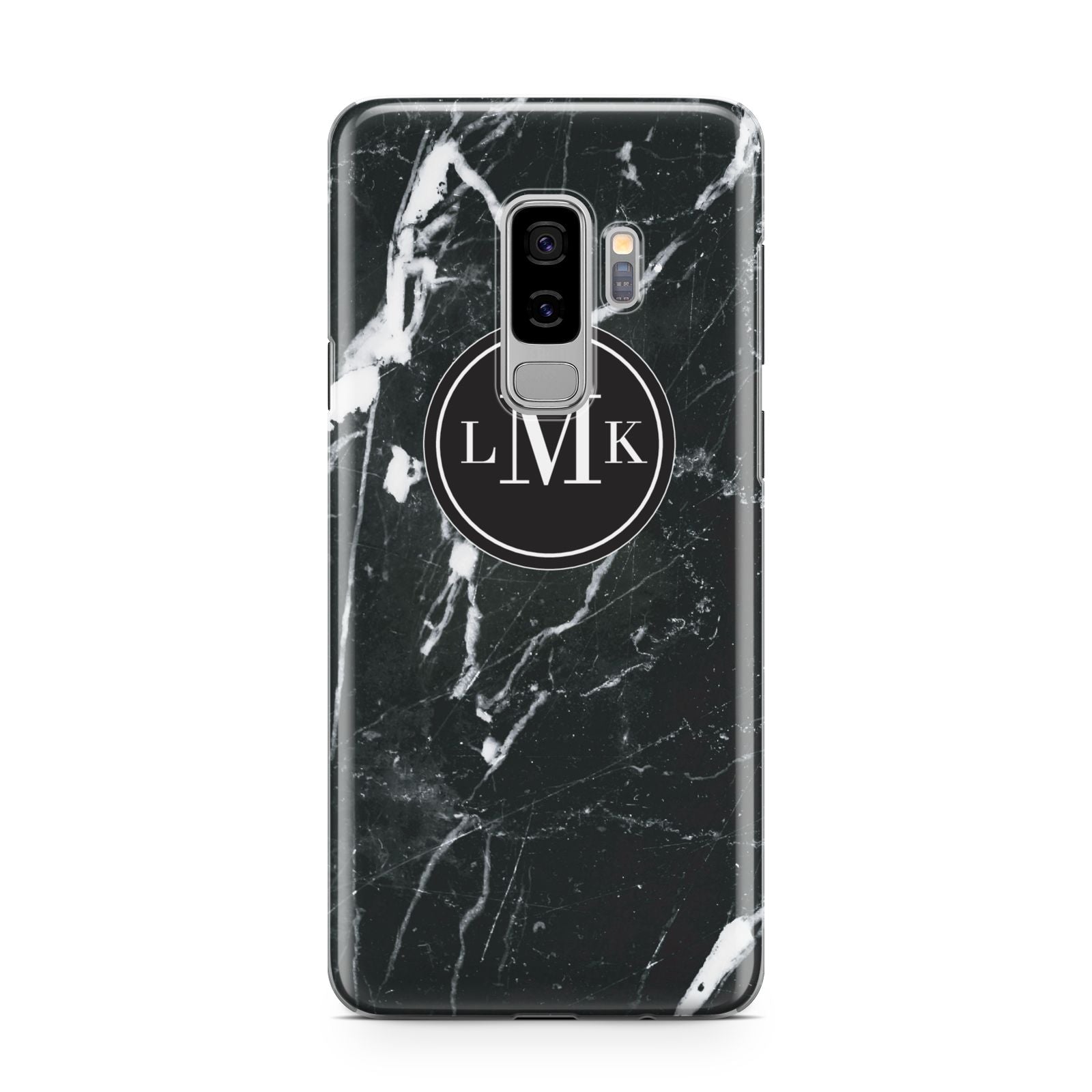 Marble Custom Initials Circle Samsung Galaxy S9 Plus Case on Silver phone