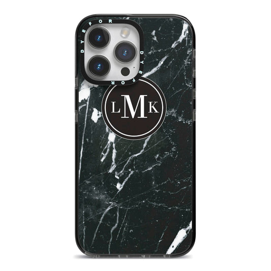 Marble Custom Initials Circle iPhone 14 Pro Max Black Impact Case on Silver phone