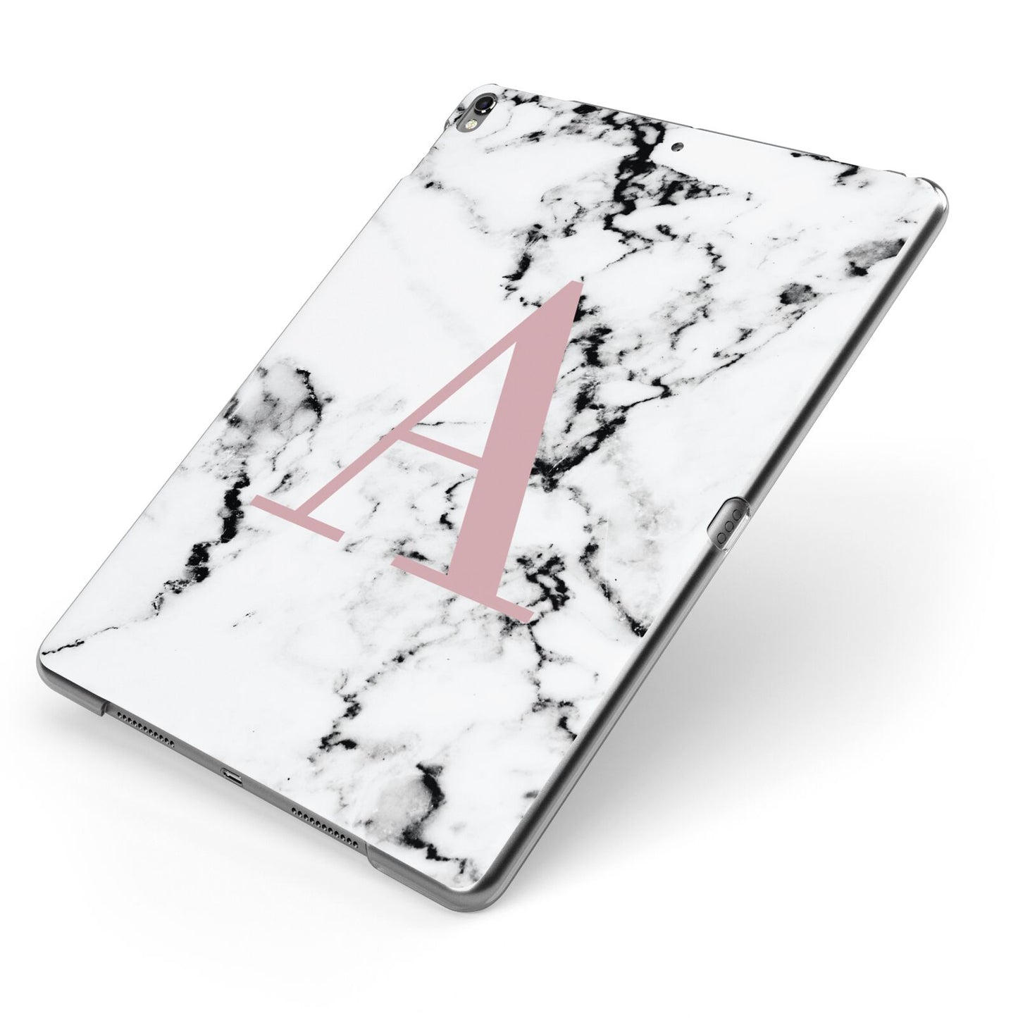 Marble Effect Pink Initial Personalised Apple iPad Case on Grey iPad Side View