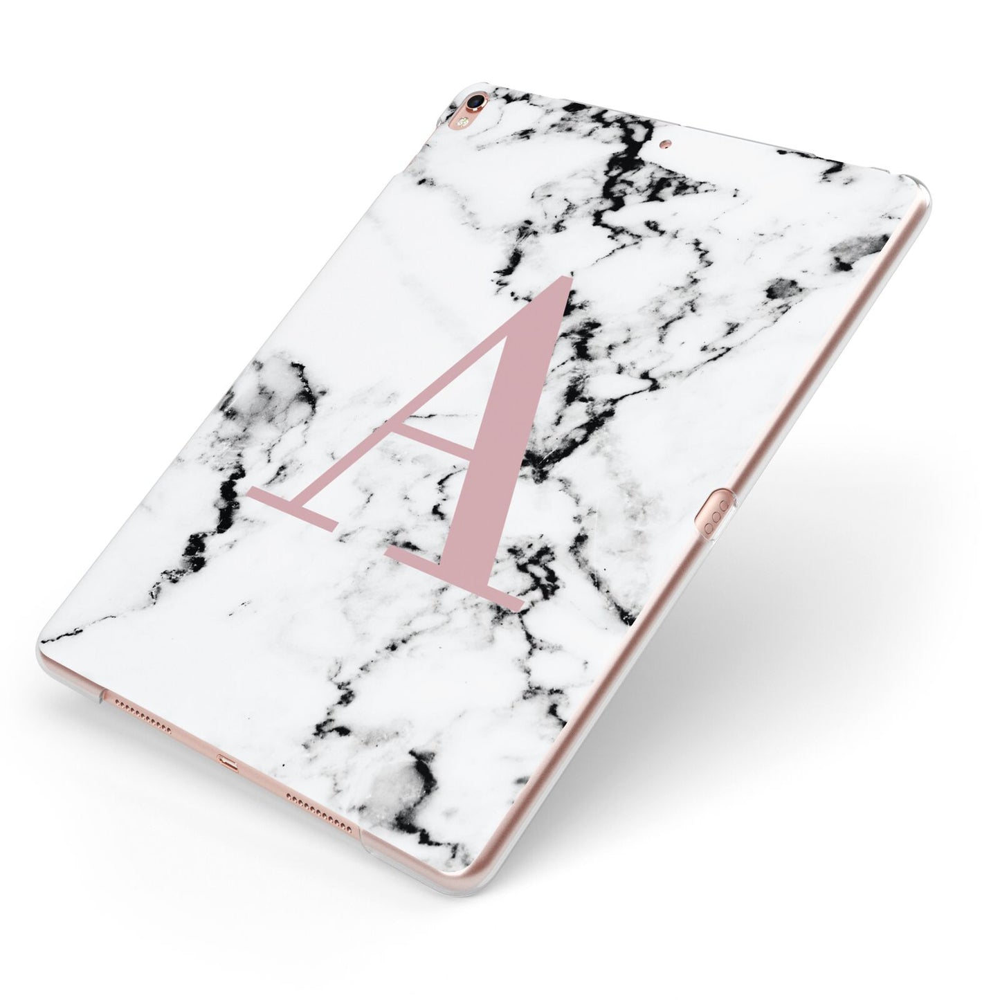 Marble Effect Pink Initial Personalised Apple iPad Case on Rose Gold iPad Side View