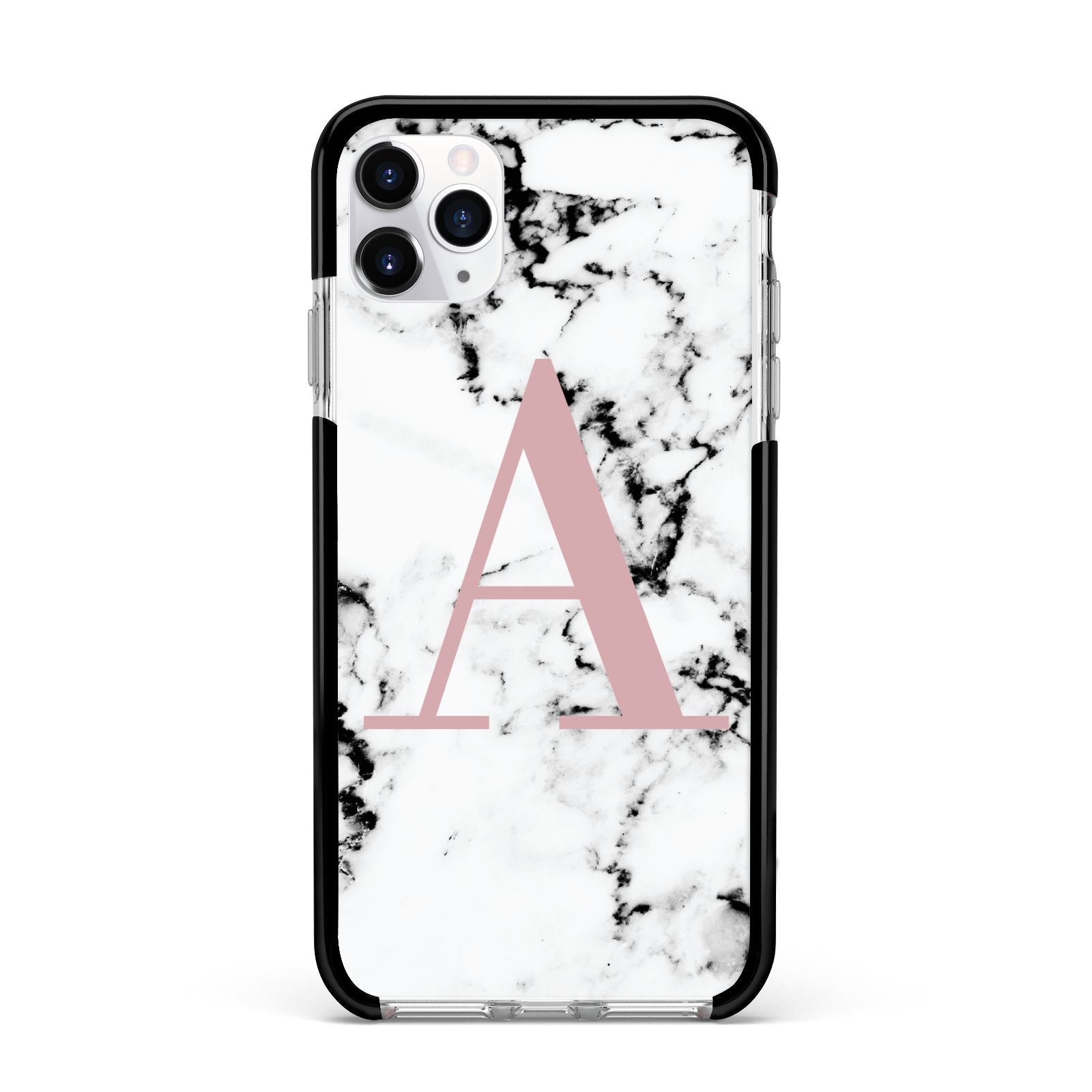 Marble Effect Pink Initial Personalised Apple iPhone 11 Pro Max in Silver with Black Impact Case
