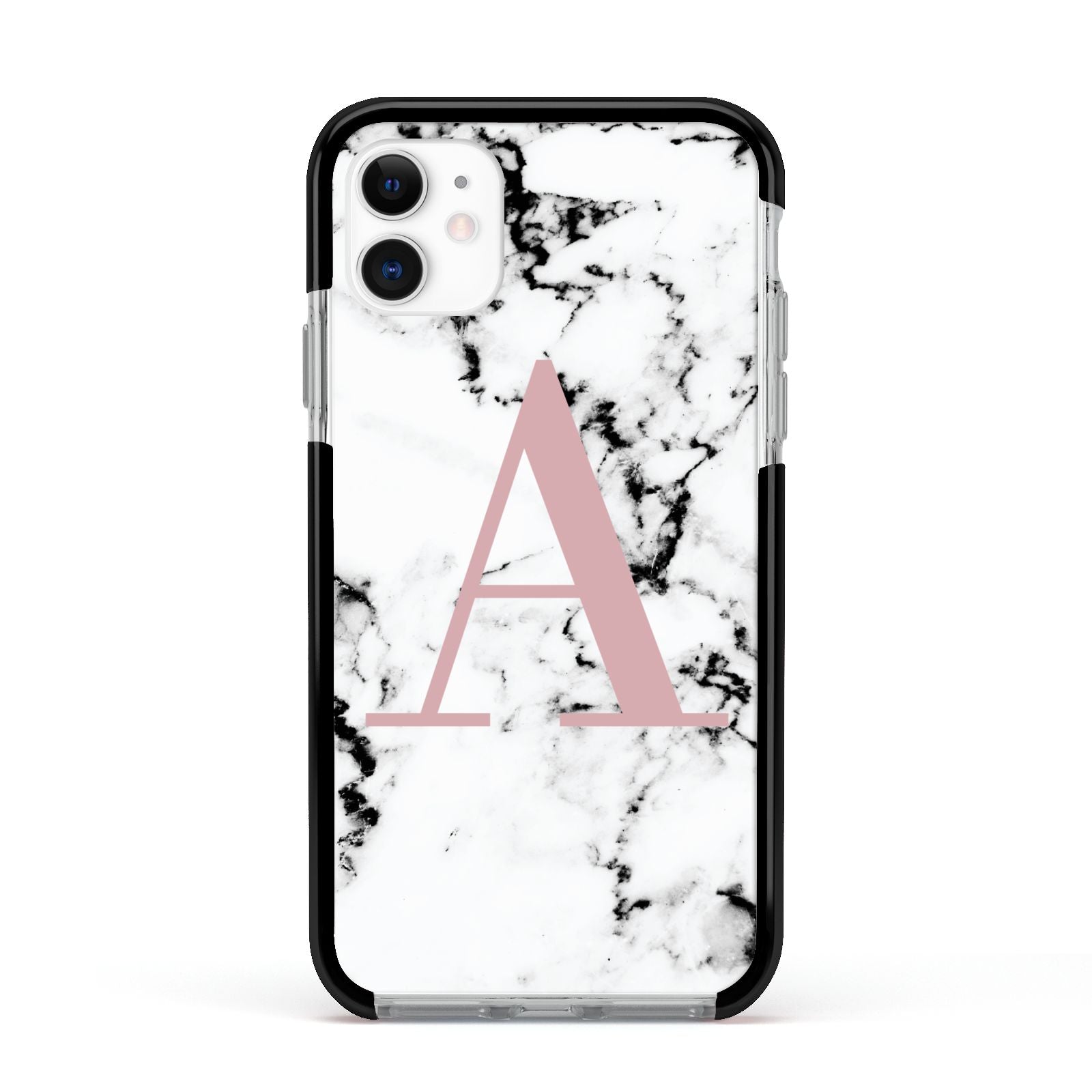 Marble Effect Pink Initial Personalised Apple iPhone 11 in White with Black Impact Case